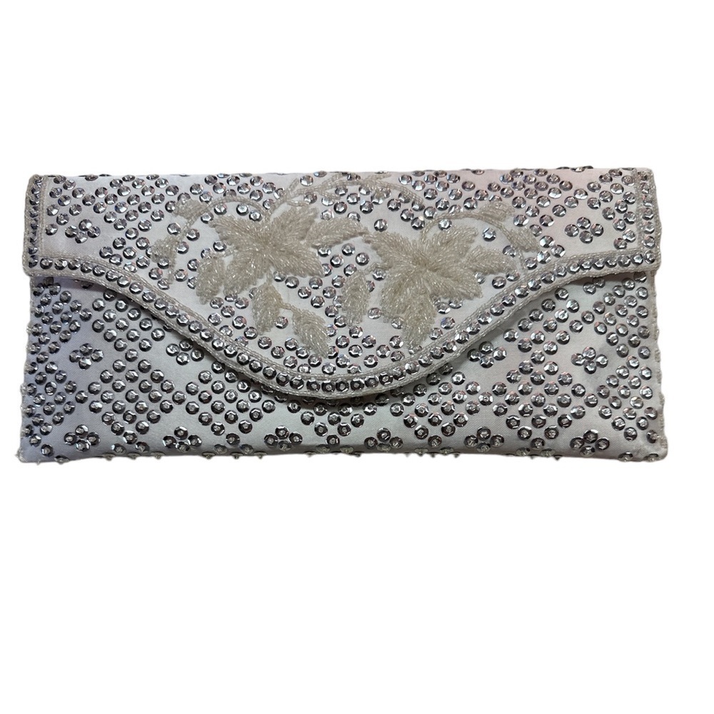 White Silver Sequined Clear Floral Center Front  Beaded Envelope Clutch Wedding